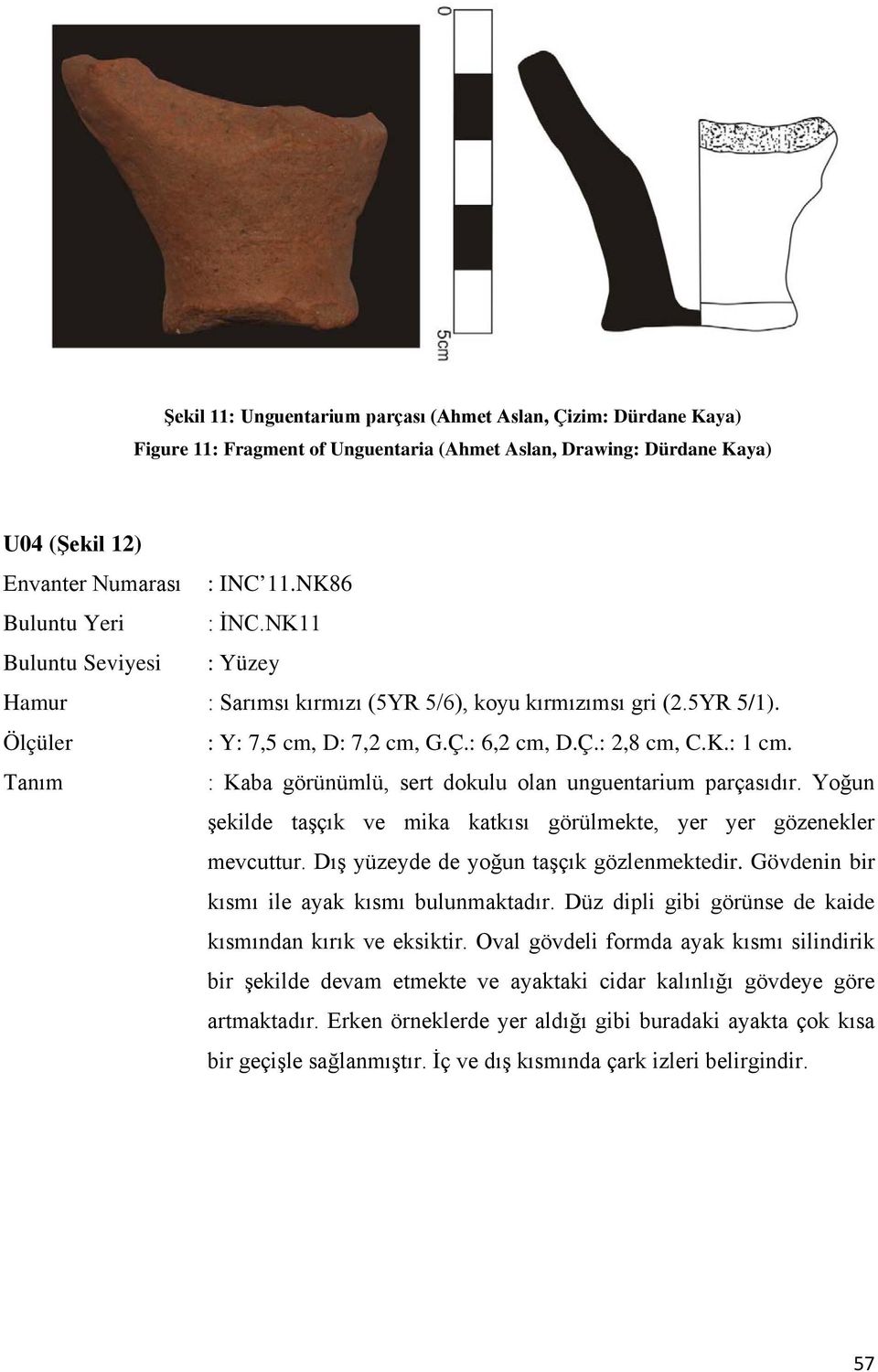 Tanım : Kaba görünümlü, sert dokulu olan unguentarium parçasıdır. Yoğun şekilde taşçık ve mika katkısı görülmekte, yer yer gözenekler mevcuttur. Dış yüzeyde de yoğun taşçık gözlenmektedir.