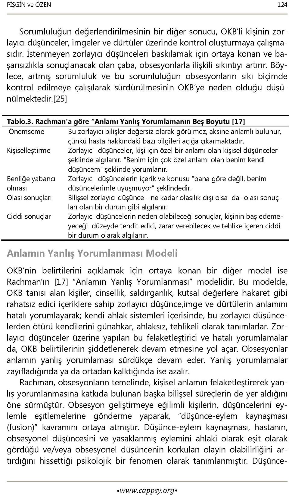 Böylece, artmış sorumluluk ve bu sorumluluğun obsesyonların sıkı biçimde kontrol edilmeye çalışılarak sürdürülmesinin OKB ye neden olduğu düşünülmektedir.[25] Tablo.3.