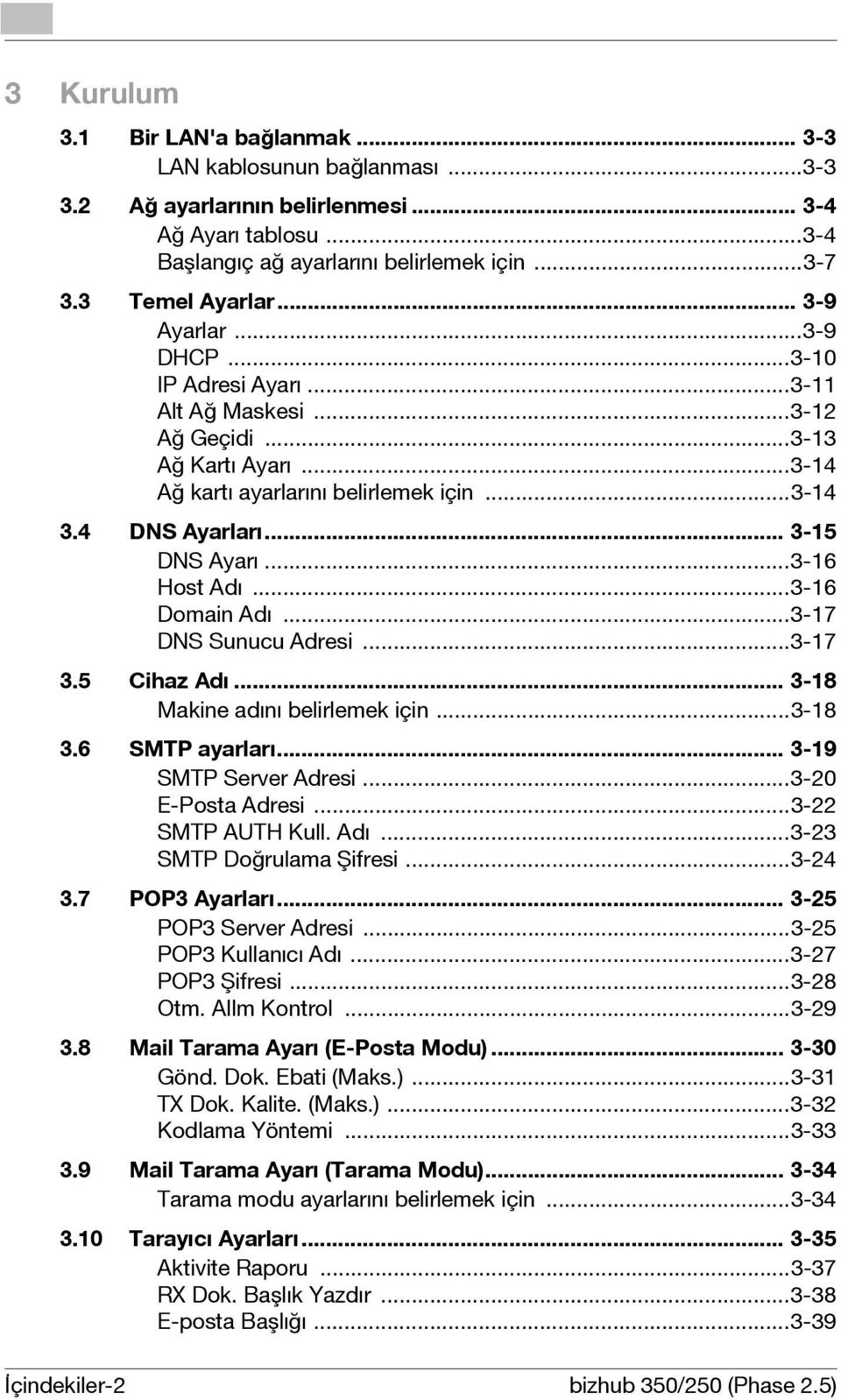 ..3-16 Host Adı...3-16 Domain Adı...3-17 DNS Sunucu Adresi...3-17 3.5 Cihaz Adı... 3-18 Makine adını belirlemek için...3-18 3.6 SMTP ayarları... 3-19 SMTP Server Adresi...3-20 E-Posta Adresi.