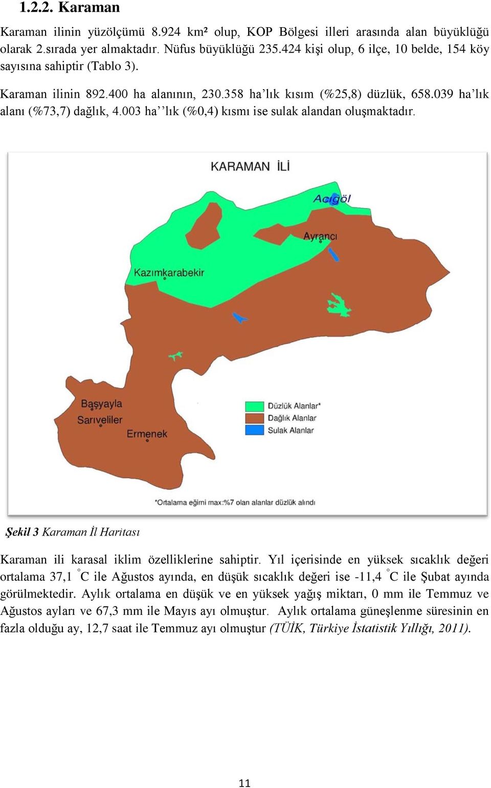 003 ha lık (%0,4) kısmı ise sulak alandan oluşmaktadır. Şekil 3 Karaman İl Haritası Karaman ili karasal iklim özelliklerine sahiptir.