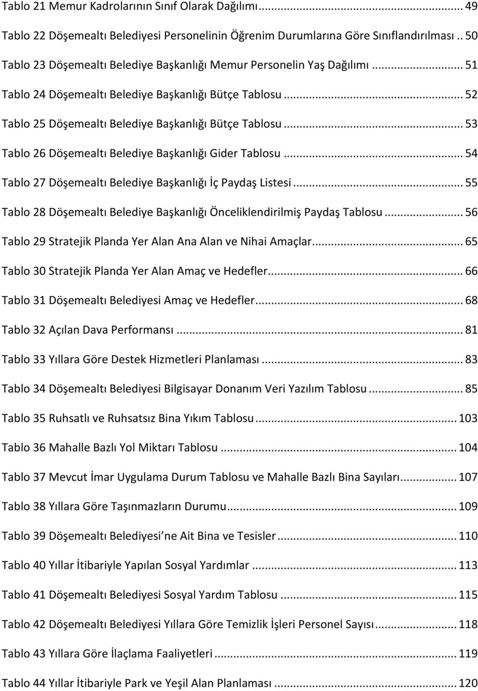 .. 53 Tablo 26 Döşemealtı Belediye Başkanlığı Gider Tablosu... 54 Tablo 27 Döşemealtı Belediye Başkanlığı İç Paydaş Listesi.