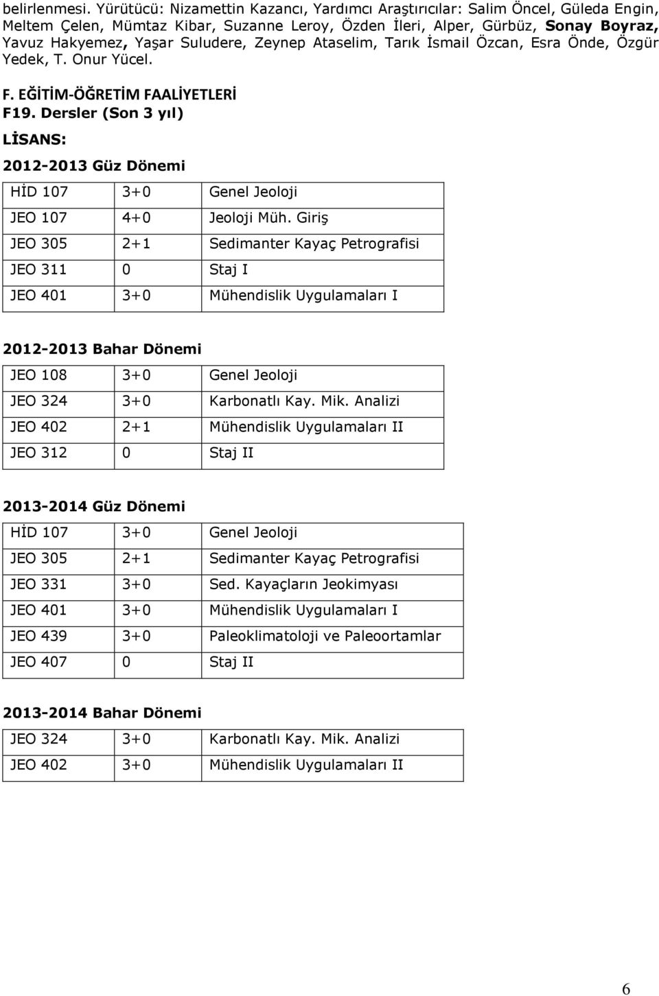 Zeynep Ataselim, Tarık İsmail Özcan, Esra Önde, Özgür Yedek, T. Onur Yücel. F. EĞİTİM-ÖĞRETİM FAALİYETLERİ F19.