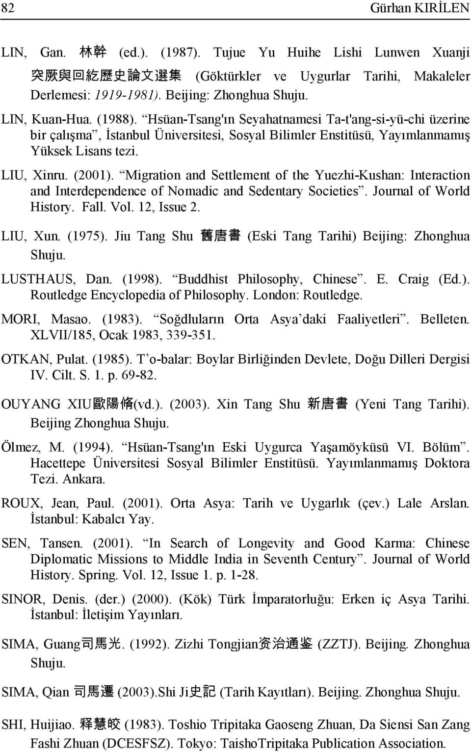 Migration and Settlement of the Yuezhi-Kushan: Interaction and Interdependence of Nomadic and Sedentary Societies. Journal of World History. Fall. Vol. 12, Issue 2. LIU, Xun. (1975).