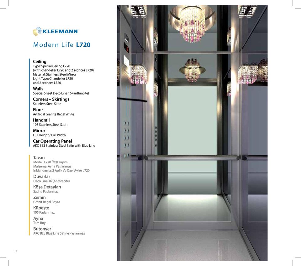 Ηeight / Full Width Car Operating Panel AKC BES Stainless Steel Satin with Blue Line Tavan Model: L720 Özel Yapım Malzeme: Ayna Paslanmaz Işıklandırma: 2 Aplik Ve Özel Avize