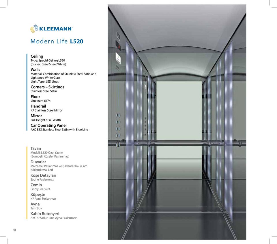 Operating Panel AKC BES Stainless Steel Satin with Blue Line Tavan Modeli: L520 Özel Yapım (Bombeli, Köşeler Paslanmaz) Duvarlar Malzeme: Paslanmaz ve