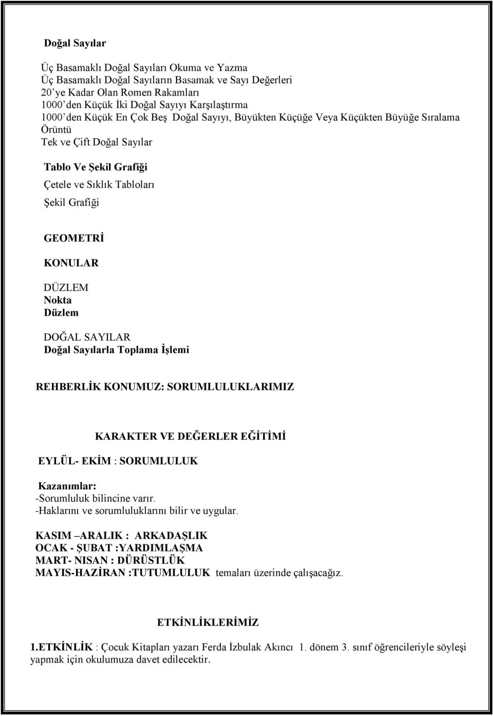 Nokta Düzlem DOĞAL SAYILAR Doğal Sayılarla Toplama İşlemi REHBERLİK KONUMUZ: SORUMLULUKLARIMIZ KARAKTER VE DEĞERLER EĞİTİMİ EYLÜL- EKİM : SORUMLULUK Kazanımlar: -Sorumluluk bilincine varır.