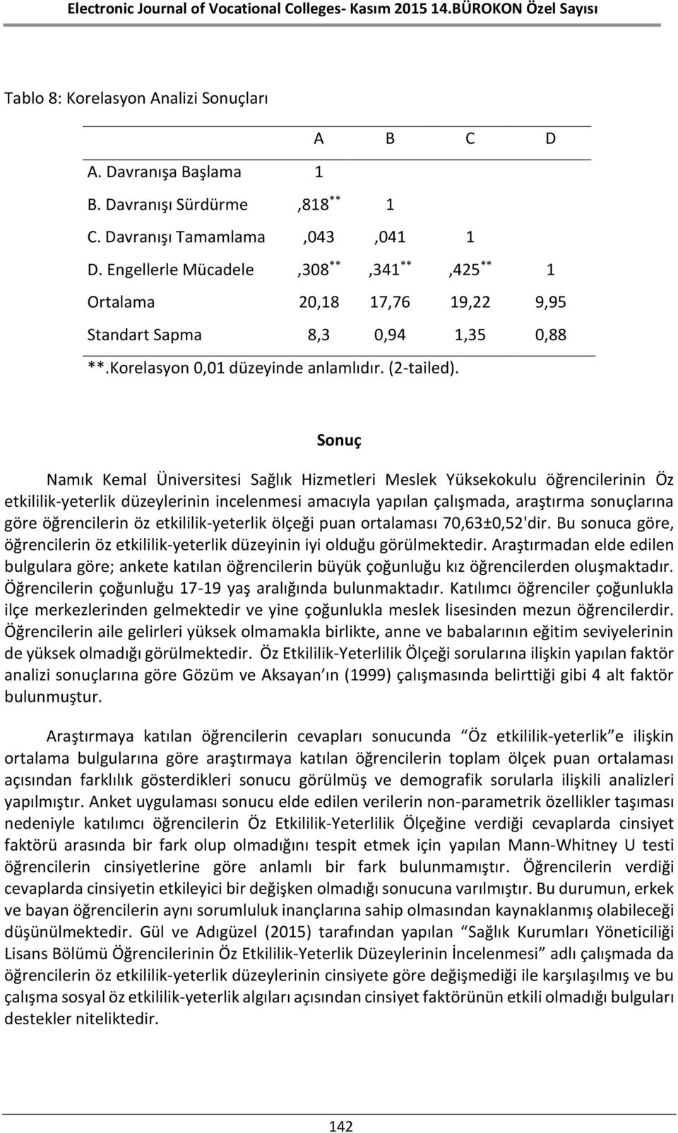 Sonuç Namık Kemal Üniversitesi Sağlık Hizmetleri Meslek Yüksekokulu öğrencilerinin Öz etkililik-yeterlik düzeylerinin incelenmesi amacıyla yapılan çalışmada, araştırma sonuçlarına göre öğrencilerin