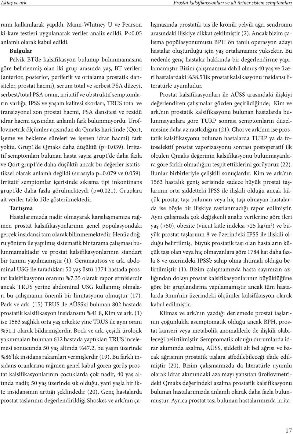 Bulgular Pelvik BT de kalsifikasyon bulunup bulunmamasına göre belirlenmiş olan iki grup arasında yaş, BT verileri (anterior, posterior, periferik ve ortalama prostatik dansiteler, prostat hacmi),