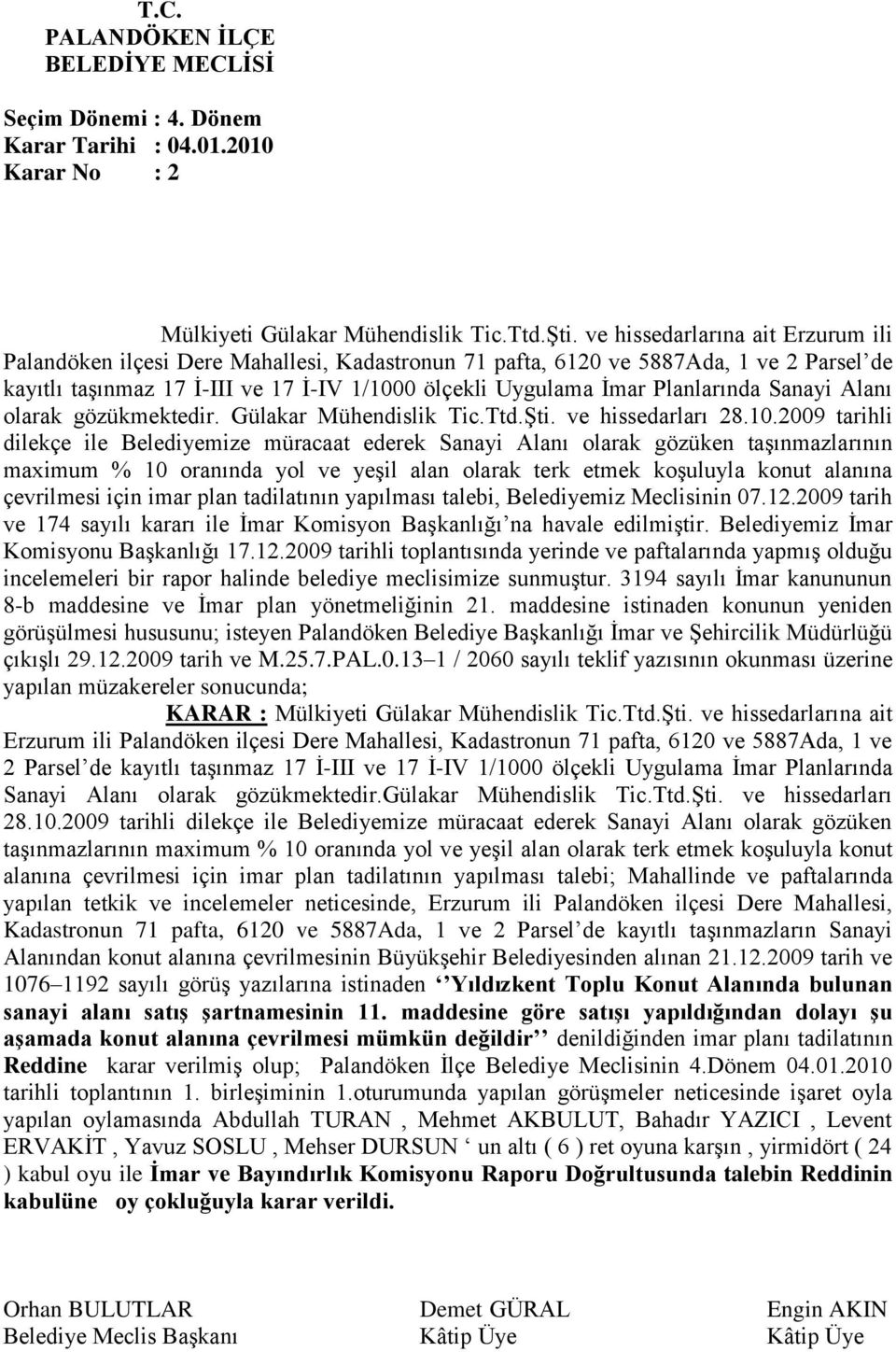 Planlarında Sanayi Alanı olarak gözükmektedir. Gülakar Mühendislik Tic.Ttd.Şti. ve hissedarları 28.10.