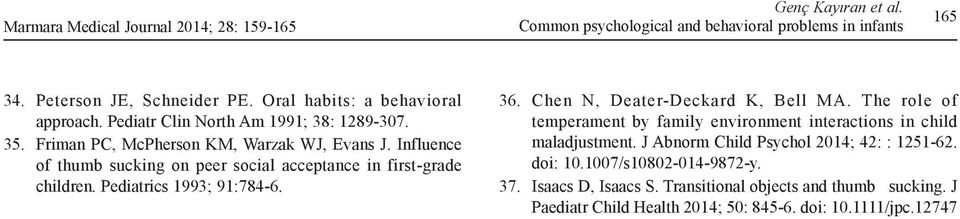 Influence of thumb sucking on peer social acceptance in first-grade children. Pediatrics 1993; 91:784-6. 36. Chen N, Deater-Deckard K, Bell MA.