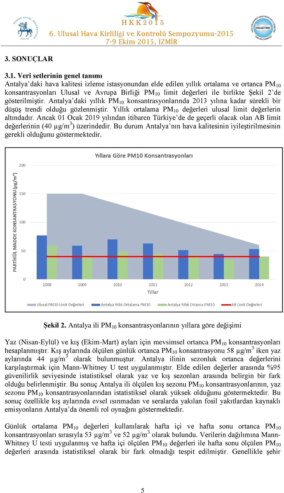 birlikte Şekil 2 de gösterilmiştir. Antalya daki yıllık PM 10 konsantrasyonlarında 2013 yılına kadar sürekli bir düşüş trendi olduğu gözlenmiştir.