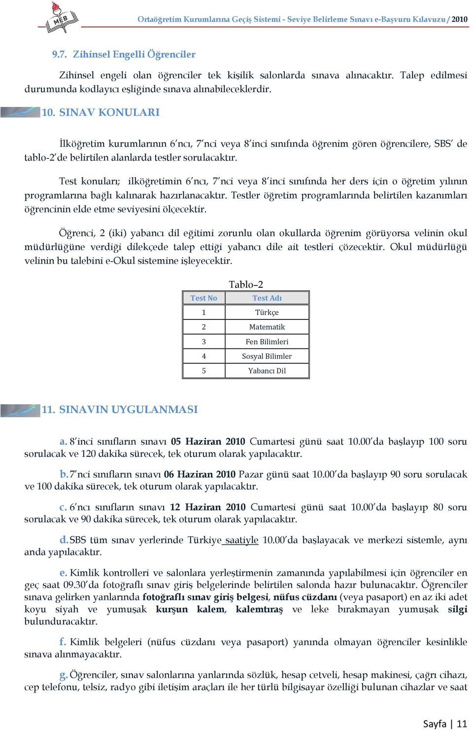 Test konuları; ilköğretimin 6 ncı, 7 nci veya 8 inci sınıfında her ders için o öğretim yılının programlarına bağlı kalınarak hazırlanacaktır.