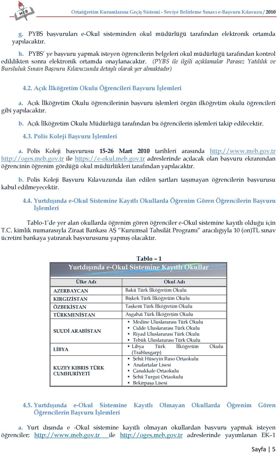 (PYBS ile ilgili açıklamalar Parasız Yatılılık ve Bursluluk Sınavı Başvuru Kılavuzunda detaylı olarak yer almaktadır) 4.2. Açık İlköğretim Okulu Öğrencileri Başvuru İşlemleri a.