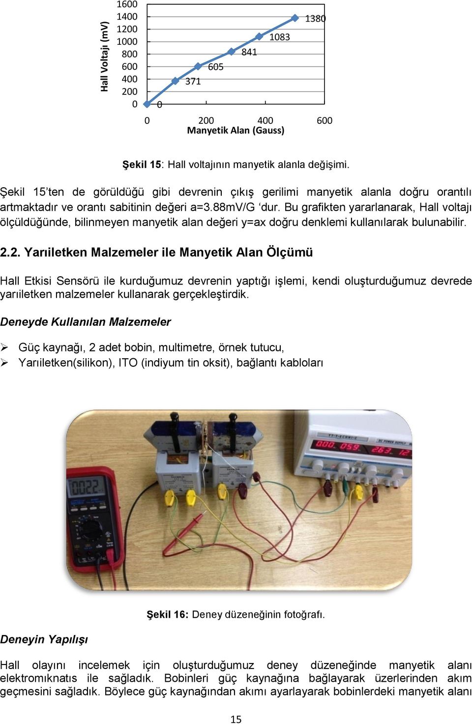 Bu grafikten yararlanarak, Hall voltajı ölçüldüğünde, bilinmeyen manyetik alan değeri y=ax doğru denklemi kullanılarak bulunabilir. 2.