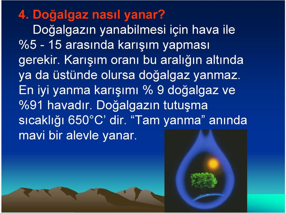 Karışım oranı bu aralığın altında ya da üstünde olursa doğalgaz yanmaz.