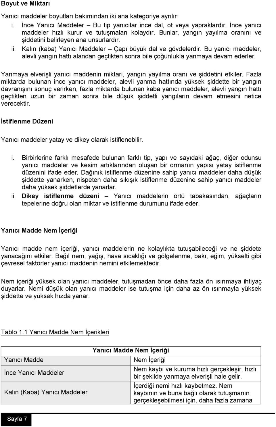 Bu yanıcı maddeler, alevli yangın hattı alandan geçtikten sonra bile çoğunlukla yanmaya devam ederler. Yanmaya elverişli yanıcı maddenin miktarı, yangın yayılma oranı ve şiddetini etkiler.