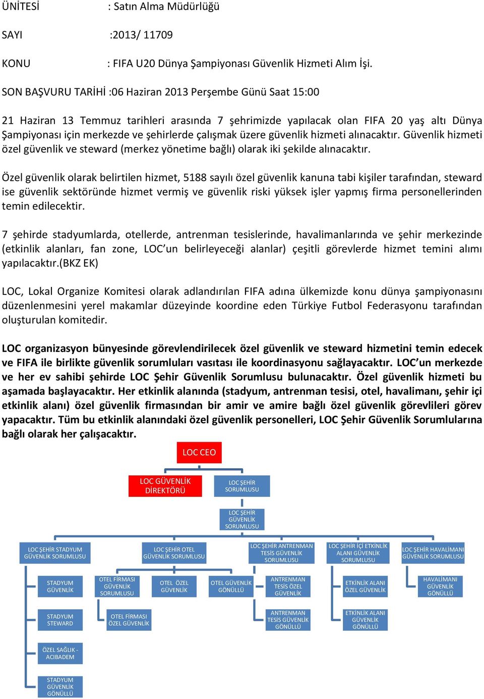 çalışmak üzere güvenlik hizmeti alınacaktır. Güvenlik hizmeti özel güvenlik ve steward (merkez yönetime bağlı) olarak iki şekilde alınacaktır.