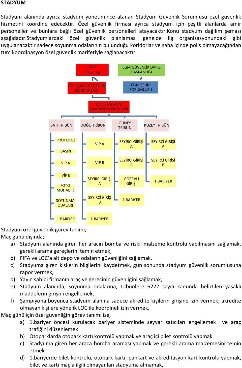 stadyumlardaki özel güvenlik planlaması genelde lig organizasyonundaki gibi uygulanacaktır sadece soyunma odalarının bulunduğu koridorlar ve saha içinde polis olmayacağından tüm koordinasyon özel