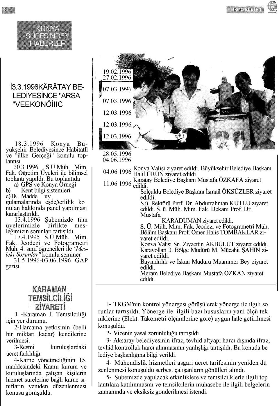 Madde uy gulamalarında eşdeğerlilik ko nulan hakkında panel yapılması kararlaştırıldı. 13.4.1996 Şubemizde tüm üyelerimizle birlikte mesleğimizin sorunları tartışıldı. 17.4.1995 S.Ü.Müh. Mim. Fak.