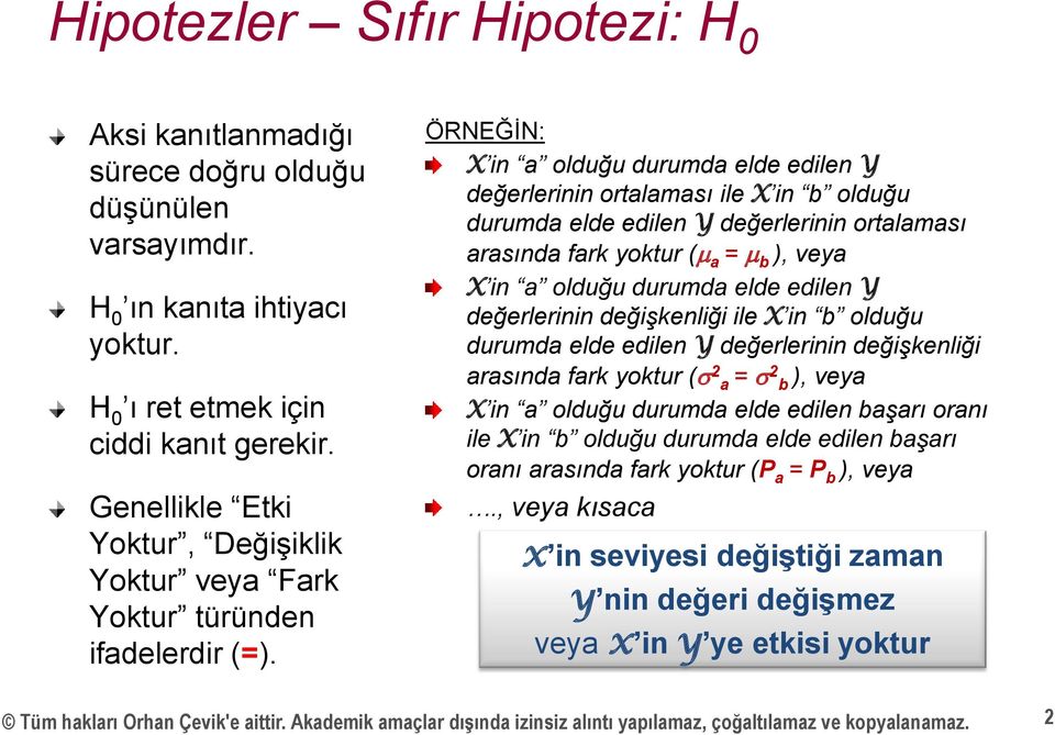 ÖRNEĞİN: X in a olduğu durumda elde edilen Y değerlerinin ortalaması ile X in b olduğu durumda elde edilen Y değerlerinin ortalaması arasında fark yoktur (m a = m b ), veya X in a olduğu durumda elde