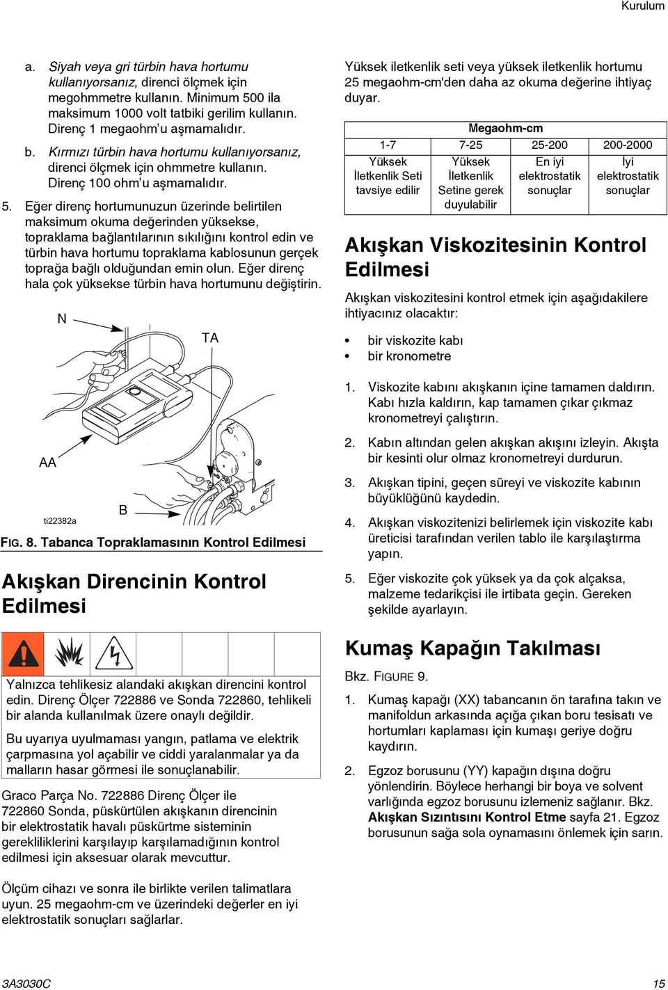 Eğer direnç hortumunuzun üzerinde belirtilen maksimum okuma değerinden yüksekse, topraklama bağlantılarının sıkılığını kontrol edin ve türbin hava hortumu topraklama kablosunun gerçek toprağa bağlı