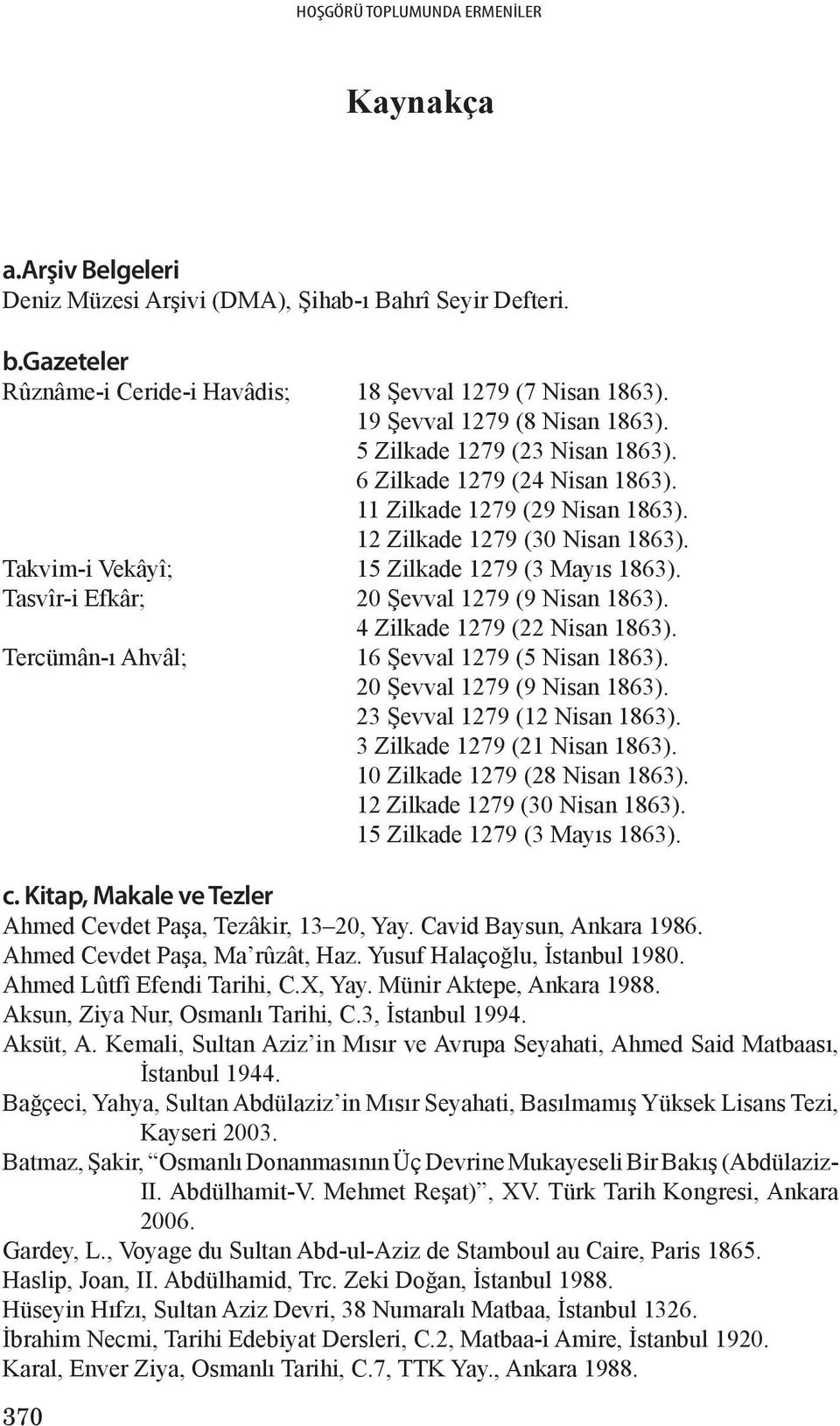 Takvim-i Vekâyî; 15 Zilkade 1279 (3 Mayıs 1863). Tasvîr-i Efkâr; 20 Şevval 1279 (9 Nisan 1863). 4 Zilkade 1279 (22 Nisan 1863). Tercümân-ı Ahvâl; 16 Şevval 1279 (5 Nisan 1863).