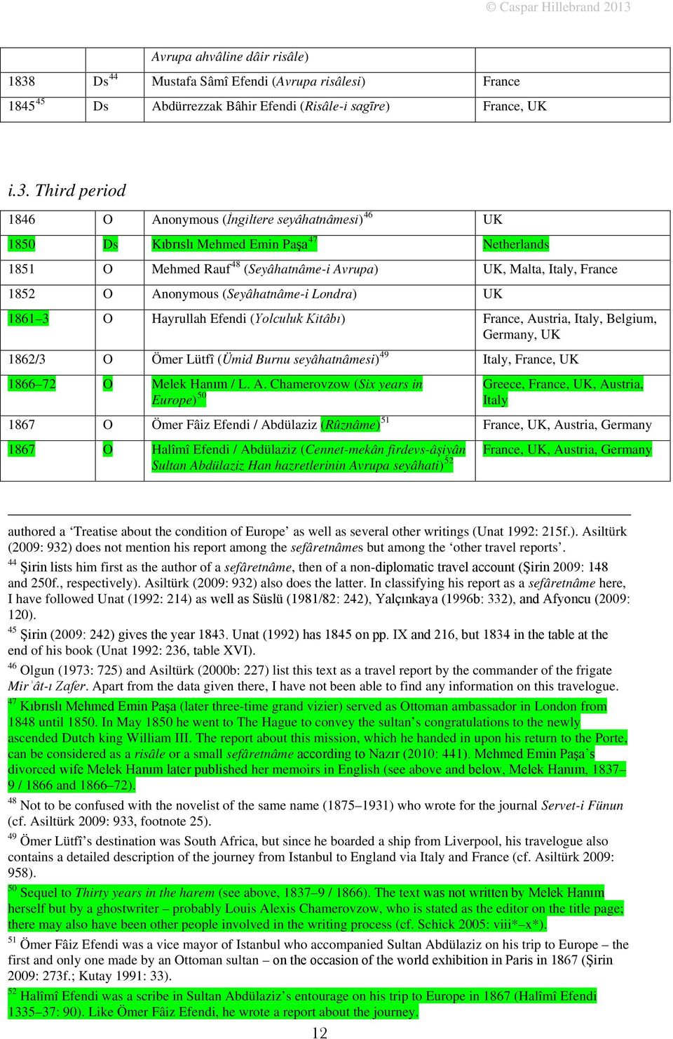 Third period 1846 O Anonymous (İngiltere seyâhatnâmesi) 46 UK 1850 Ds Kıbrıslı Mehmed Emin Paşa 47 Netherlands 1851 O Mehmed Rauf 48 (Seyâhatnâme-i Avrupa) UK, Malta, Italy, France 1852 O Anonymous
