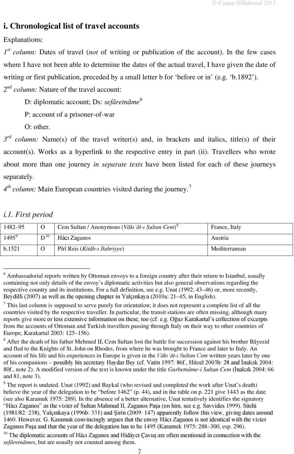 2 nd column: Nature of the travel account: D: diplomatic account; Ds: sefâretnâme 6 P: account of a prisoner-of-war O: other.