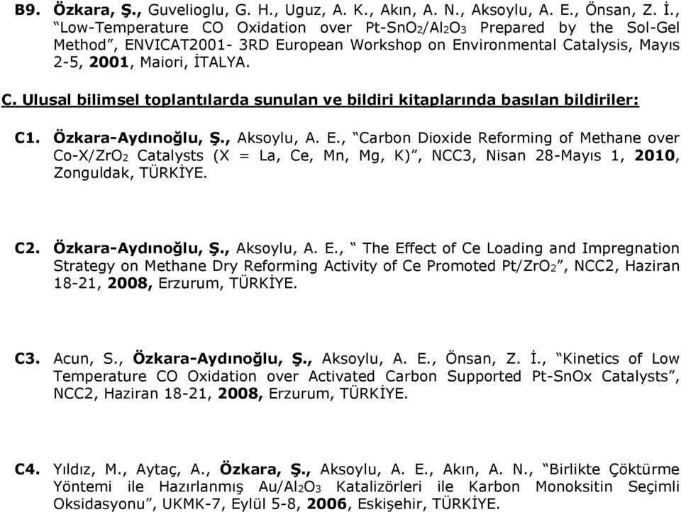 Özkara-Aydınoğlu, Ş., Aksoylu, A. E., Carbon Dioxide Reforming of Methane over Co-X/ZrO2 Catalysts (X = La, Ce, Mn, Mg, K), NCC3, Nisan 28-Mayıs 1, 2010, Zonguldak, TÜRKİYE. C2. Özkara-Aydınoğlu, Ş.
