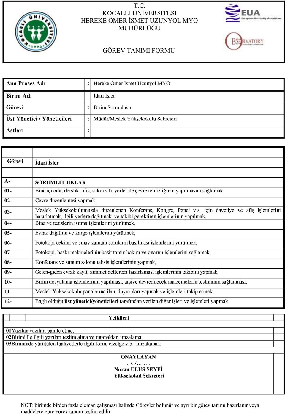 nı sağlamak, 02- Çevre düzenlemesi yapmak, 03- Meslek Yüksekokulumuzda düzenlenen Konferans, Kongre, Panel v.s. için davetiye ve afiş işlemlerini hazırlatmak, ilgili yerlere dağıtmak ve takibi