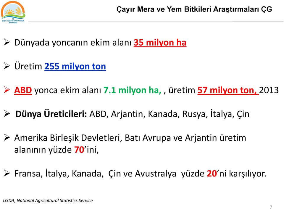 1 milyon ha,, üretim 57 milyon ton, 2013 Dünya Üreticileri: ABD, Arjantin, Kanada, Rusya, İtalya, Çin