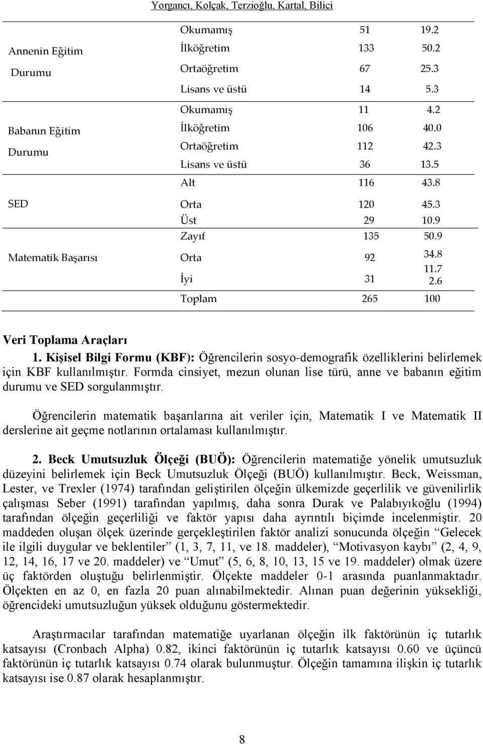 Kişisel Bilgi Formu (KBF): Öğrencilerin sosyo-demografik özelliklerini belirlemek için KBF kullanılmıştır. Formda cinsiyet, mezun olunan lise türü, anne ve babanın eğitim durumu ve SED sorgulanmıştır.