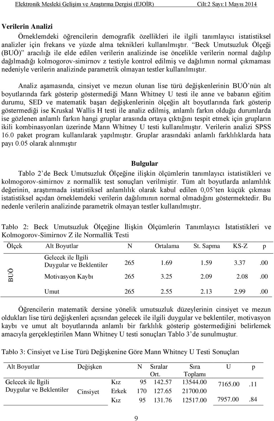 Beck Umutsuzluk Ölçeği (BUÖ) aracılığı ile elde edilen verilerin analizinde ise öncelikle verilerin normal dağılıp dağılmadığı kolmogorov-simirnov z testiyle kontrol edilmiş ve dağılımın normal