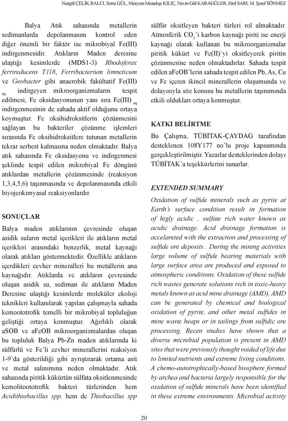 Atıkların Maden deresine ulaştığı kesimlerde (MDS1-3) Rhodoferax ferrireducens T118, Ferribacterium limneticum ve Geobacter gibi anaerobik fakültatif Fe(III) aq indirgeyen mikroorganizmaların tespit