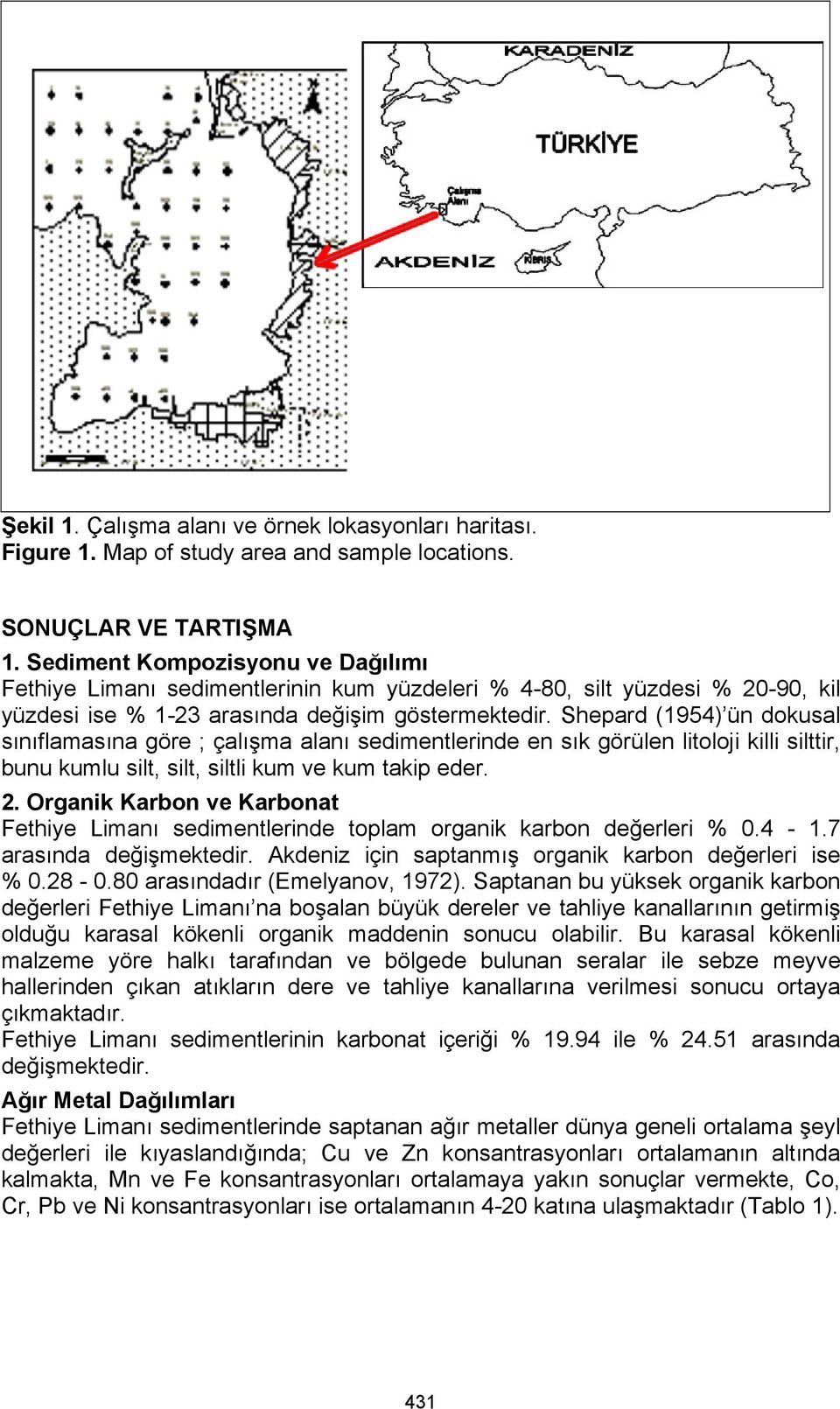 Shepard (1954) ün dokusal sınıflamasına göre ; çalışma alanı sedimentlerinde en sık görülen litoloji killi silttir, bunu kumlu silt, silt, siltli kum ve kum takip eder. 2.