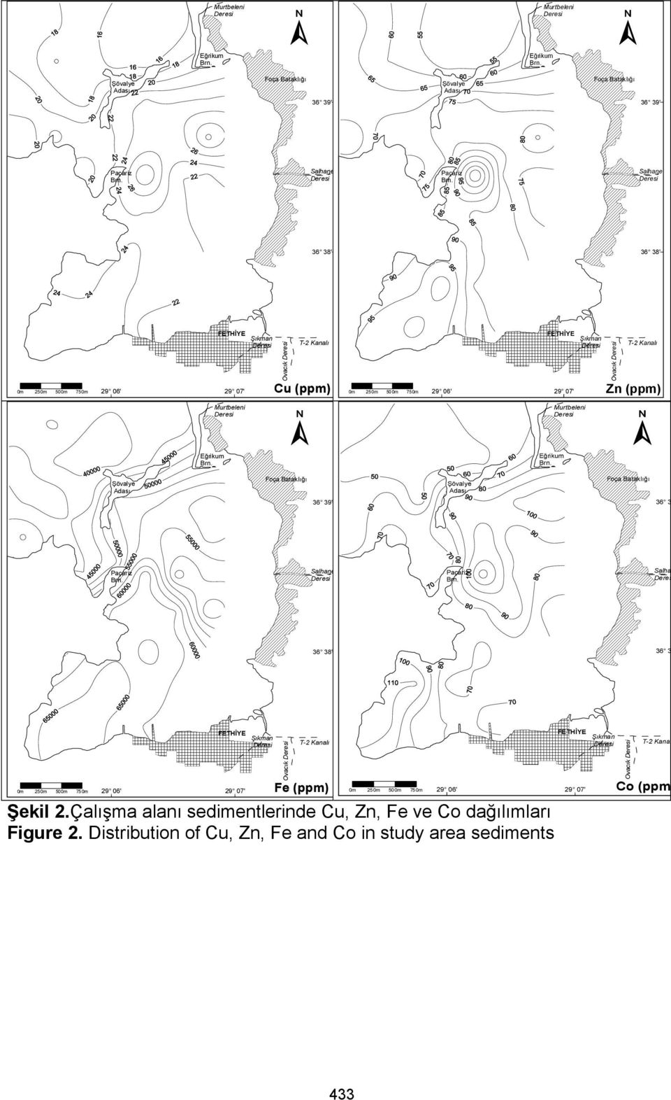 Çalışma alanı sedimentlerinde Cu, Zn, Fe ve Co dağılımları