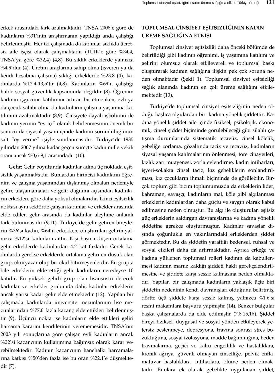 Her iki çalışmada da kadınlar sıklıkla ücretsiz aile işçisi olarak çalışmaktadır (TÜİK e göre %34,4, TNSA ya göre %32,4) (4,8). Bu sıklık erkeklerde yalnızca %4,9 dur (4).