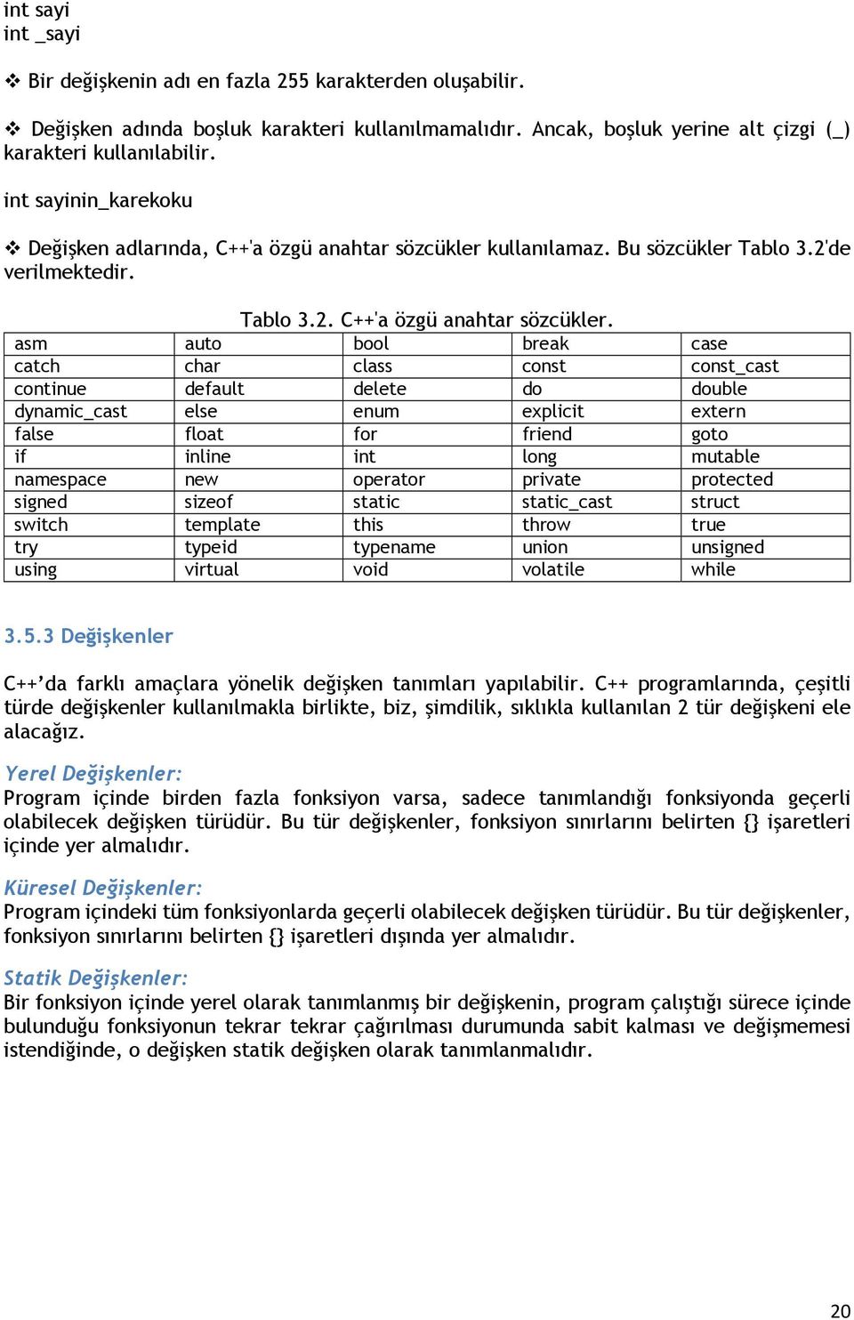 kullanılamaz. Bu sözcükler Tablo 3.2'de verilmektedir. Tablo 3.2. C++'a özgü anahtar sözcükler.