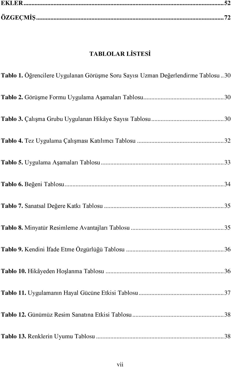 Beğeni Tablosu... 34 Tablo 7. Sanatsal Değere Katkı Tablosu... 35 Tablo 8. Minyatür Resimleme Avantajları Tablosu... 35 Tablo 9. Kendini İfade Etme Özgürlüğü Tablosu... 36 Tablo 10.