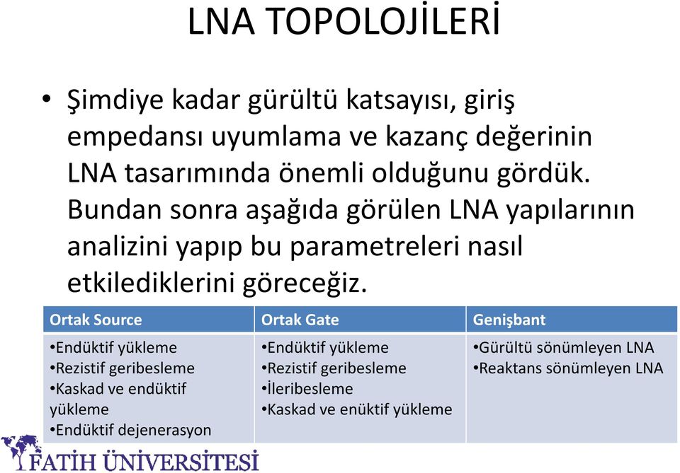 Bundan sonra aşağıda görülen LNA yapılarının analizini yapıp bu parametreleri nasıl etkilediklerini göreceğiz.