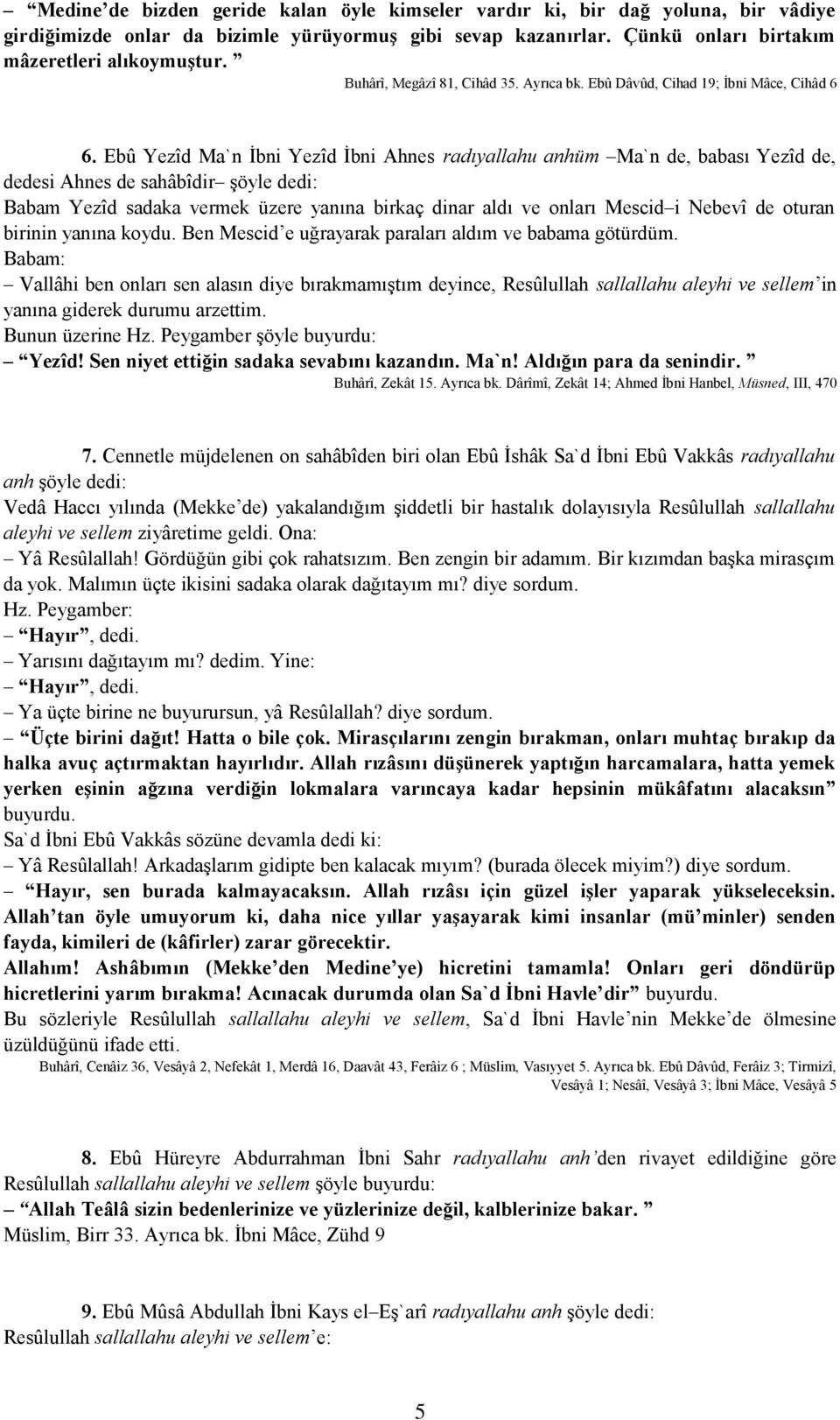 Ebû Yezîd Ma`n İbni Yezîd İbni Ahnes radıyallahu anhüm Ma`n de, babası Yezîd de, dedesi Ahnes de sahâbîdir şöyle dedi: Babam Yezîd sadaka vermek üzere yanına birkaç dinar aldı ve onları Mescid i