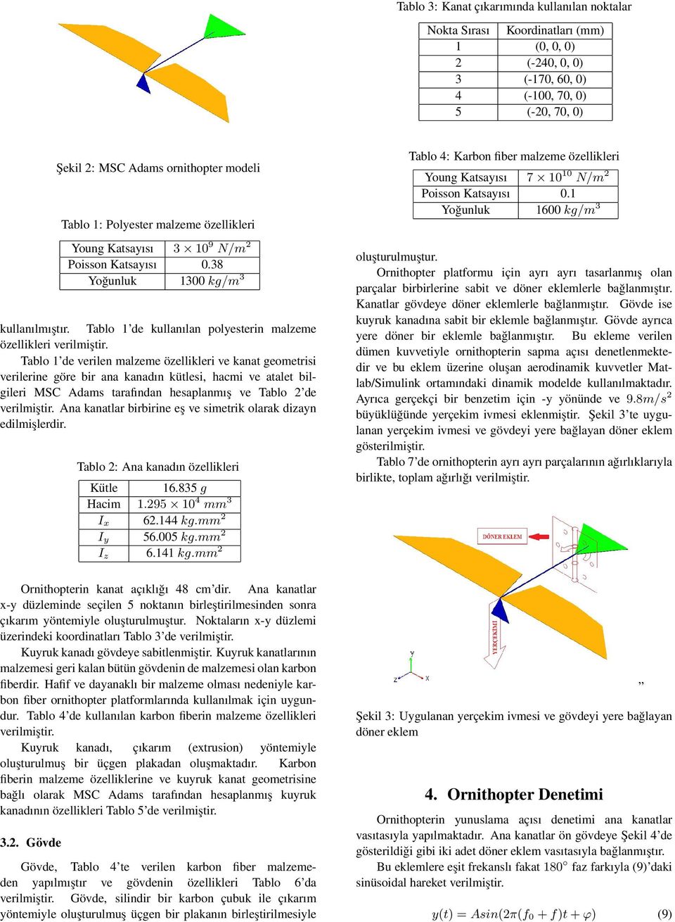 Tablo 1 de verilen malzeme özellikleri ve kanat geometrisi verilerine göre bir ana kanadın kütlesi, hacmi ve atalet bilgileri MSC Adams tarafından hesaplanmış ve Tablo 2 de verilmiştir.