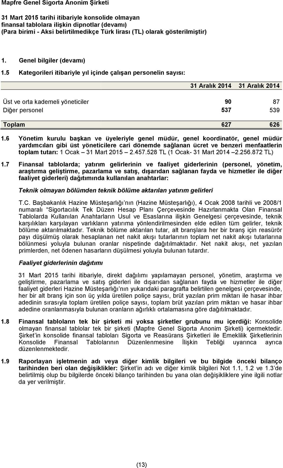 6 Yönetim kurulu başkan ve üyeleriyle genel müdür, genel koordinatör, genel müdür yardımcıları gibi üst yöneticilere cari dönemde sağlanan ücret ve benzeri menfaatlerin toplam tutarı: 1 Ocak 31 Mart