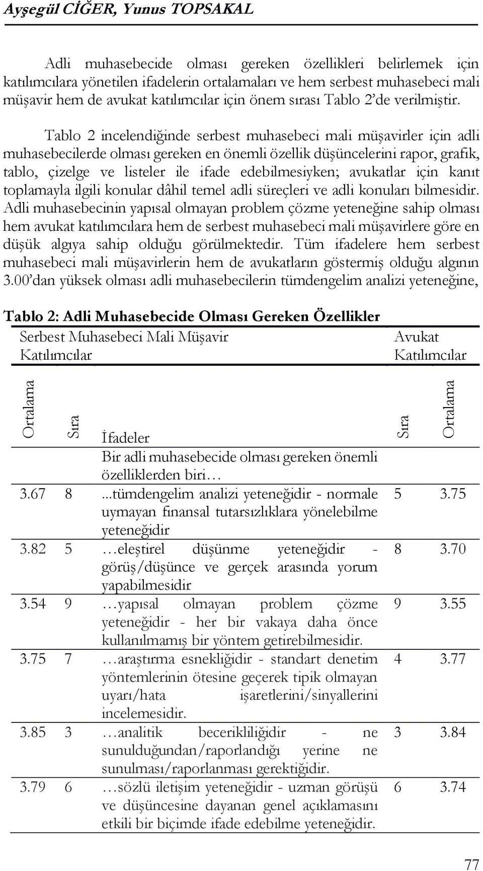 Tablo 2 incelendiğinde serbest muhasebeci mali müşavirler için adli muhasebecilerde olması gereken en önemli özellik düşüncelerini rapor, grafik, tablo, çizelge ve listeler ile ifade edebilmesiyken;