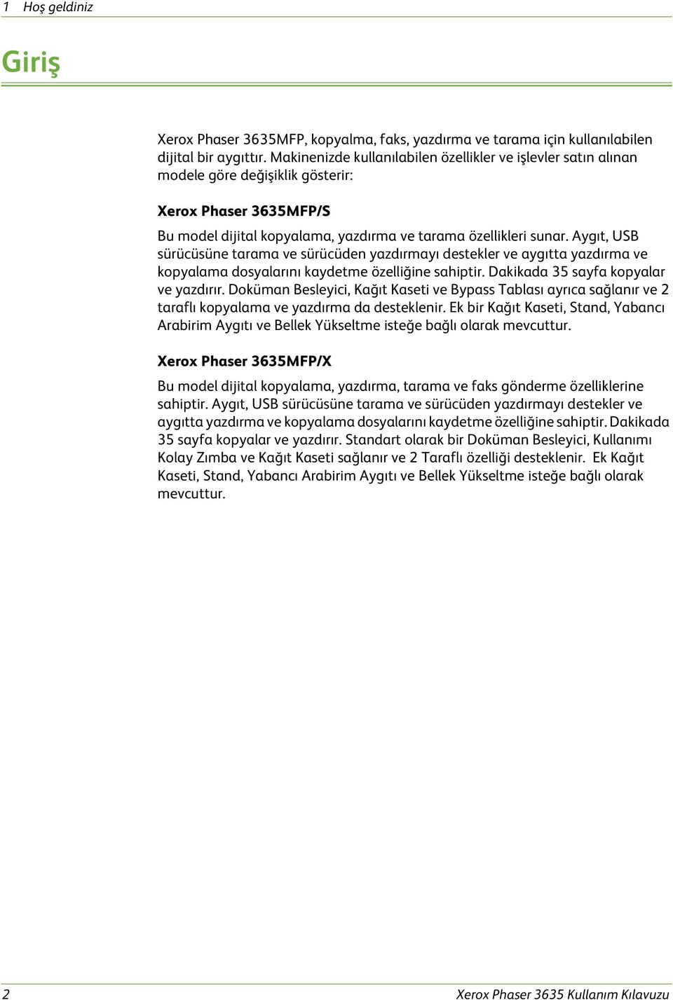 Aygıt, USB sürücüsüne tarama ve sürücüden yazdırmayı destekler ve aygıtta yazdırma ve kopyalama dosyalarını kaydetme özelliğine sahiptir. Dakikada 35 sayfa kopyalar ve yazdırır.