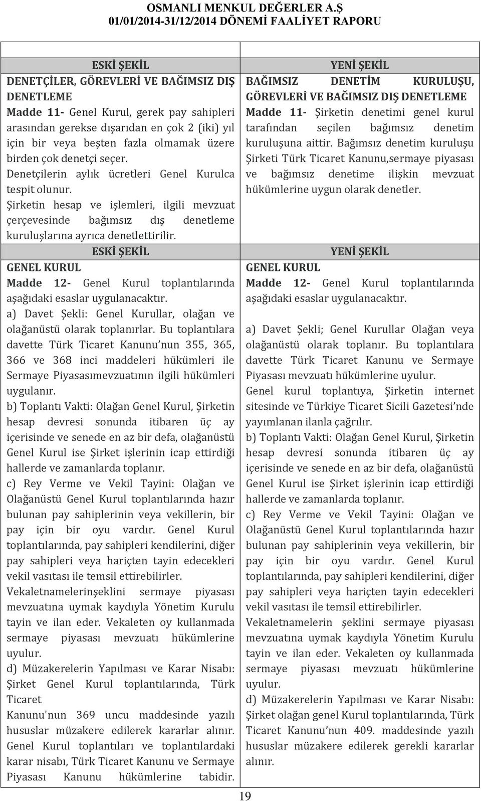 ESKİ ŞEKİL GENEL KURUL Madde 12- Genel Kurul toplantılarında aşağıdaki esaslar uygulanacaktır. a) Davet Şekli: Genel Kurullar, olağan ve olağanüstü olarak toplanırlar.