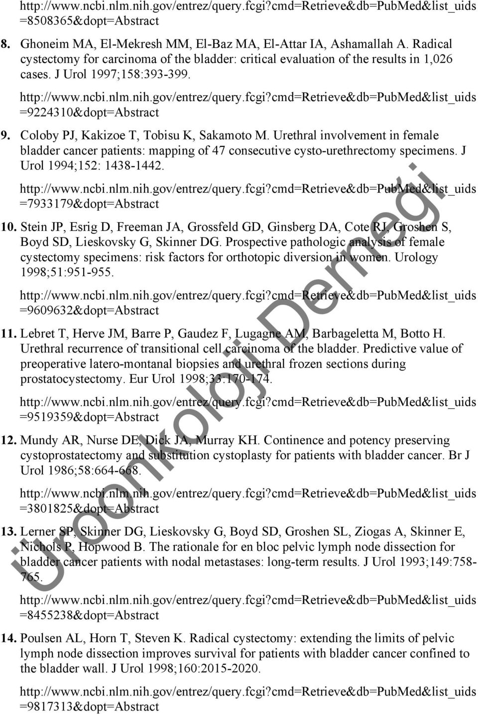 Urethral involvement in female bladder cancer patients: mapping of 47 consecutive cysto-urethrectomy specimens. J Urol 1994;152: 1438-1442. =7933179&dopt=Abstract 10.