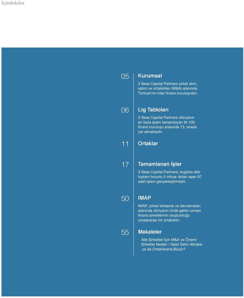 Ortaklar 17 50 55 Tamamlanan İşler 3 Seas Capital Partners, bugüne dek toplam boyutu 5 milyar doları aşan 87 adet işlem gerçekleştirmiştir.
