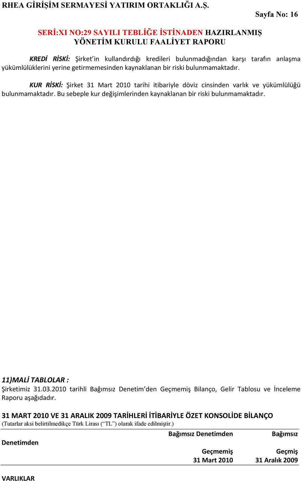 11)MALİ TABLOLAR : Şirketimiz 31.03.2010 tarihli Bağımsız Denetim den Geçmemiş Bilanço, Gelir Tablosu ve İnceleme Raporu aşağıdadır.