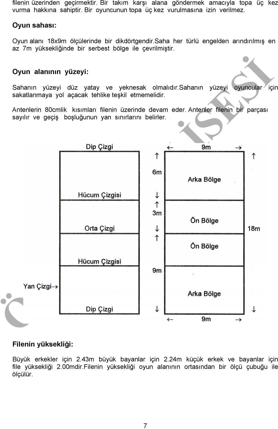 Oyun alanının yüzeyi: Sahanın yüzeyi düz yatay ve yeknesak olmalıdır.sahanın yüzeyi oyuncular için sakatlanmaya yol açacak tehlike teşkil etmemelidir.